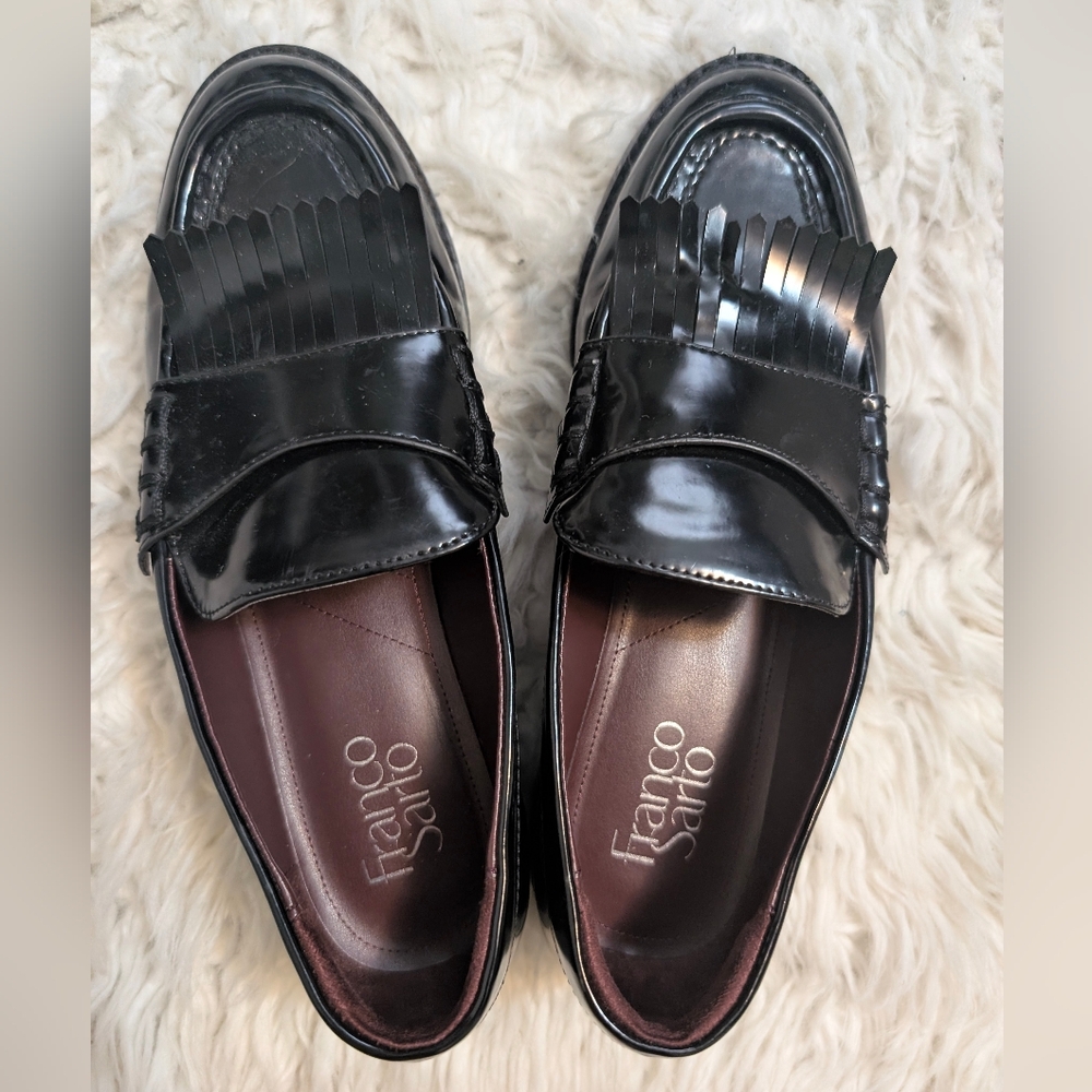 Franco Sarto Flat Loafers Black Patent Leather 7.5 Academia Preppy